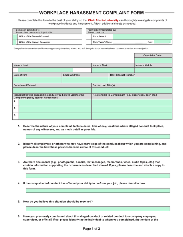 WORKPLACE HARASSMENT COMPLAINT FORM screenshot