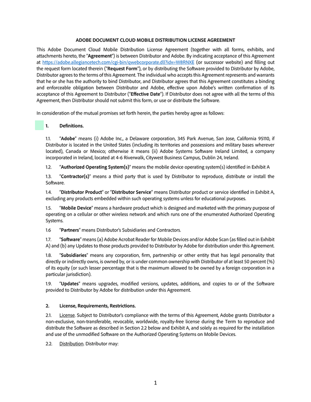 Adobe Document Cloud Mobile Distribution License Agreement screenshot