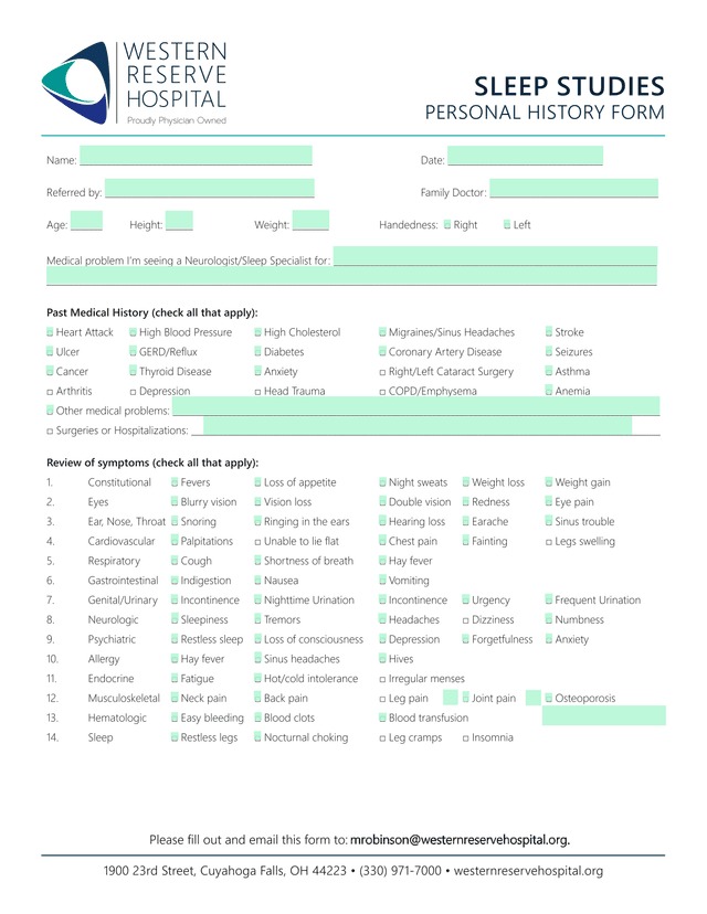 SLEEP STUDIES PERSONAL HISTORY FORM screenshot