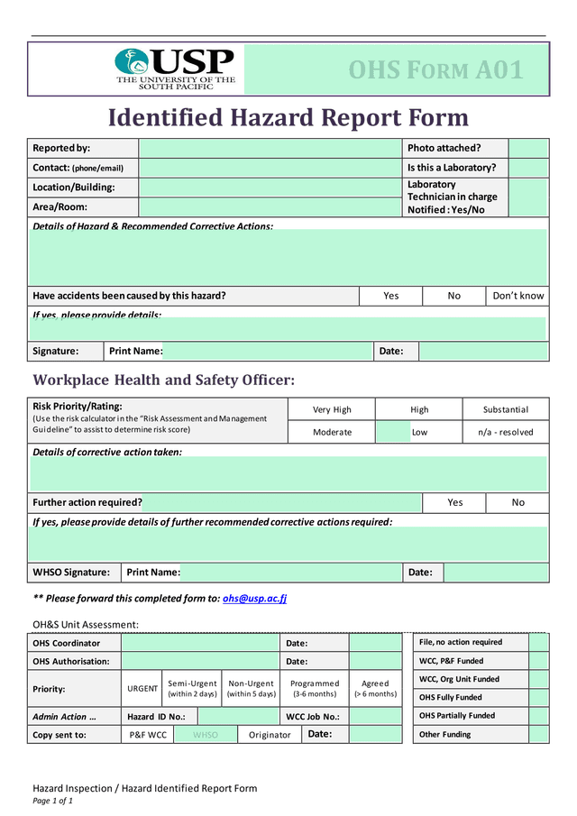 Hazard Inspection  Hazard Identified Report Form screenshot