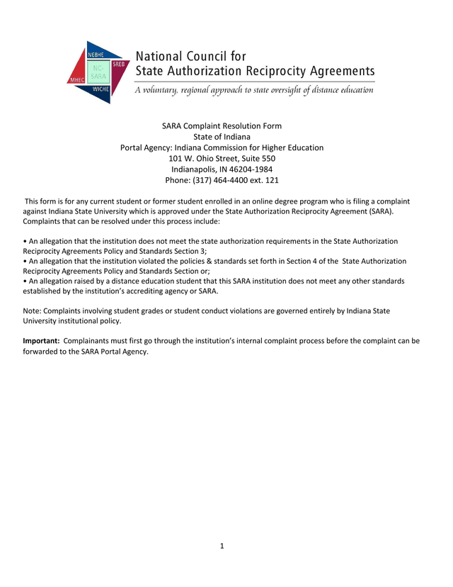 SARA Complaint Resolution Form screenshot