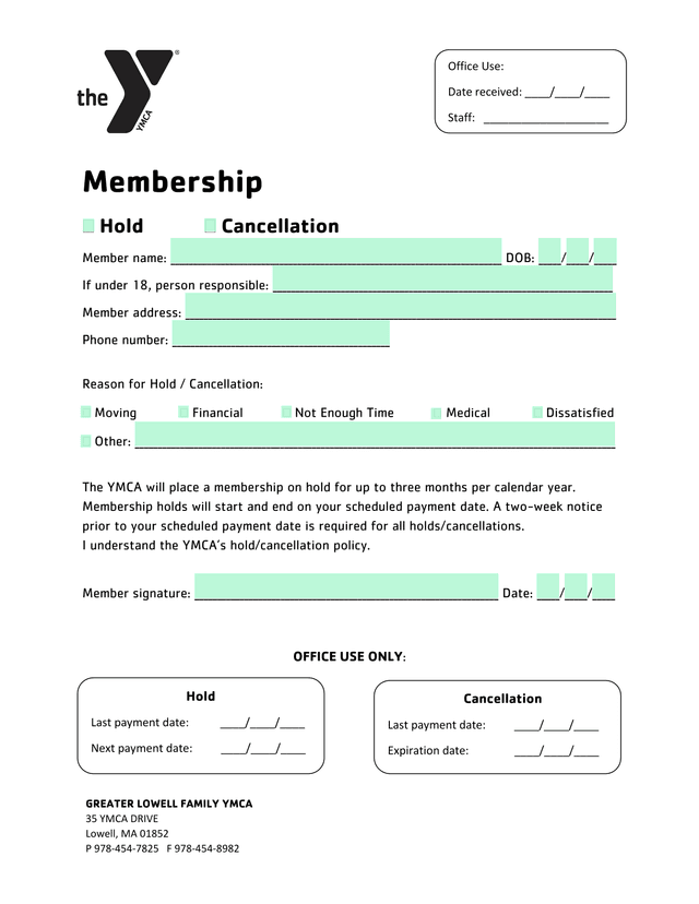 Membership HoldCancellation Form screenshot