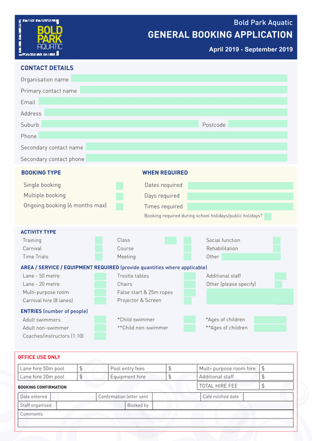 Bold Park Aquatic General Booking Application screenshot