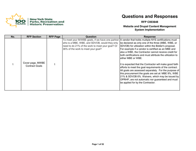 RFP C003648 Questions And Responses screenshot