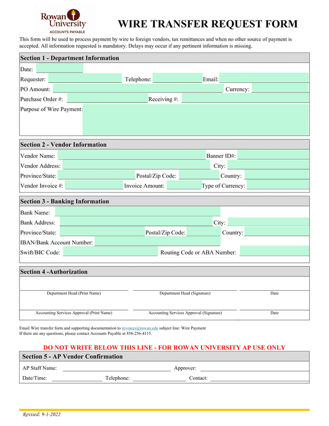 Wire Transfer Request Form screenshot