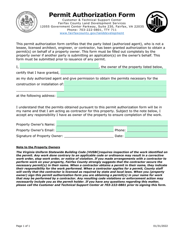 Permit Authorization Form screenshot