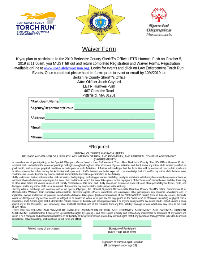 Special Olympics Massachusetts Release And Waiver Of Liability screenshot