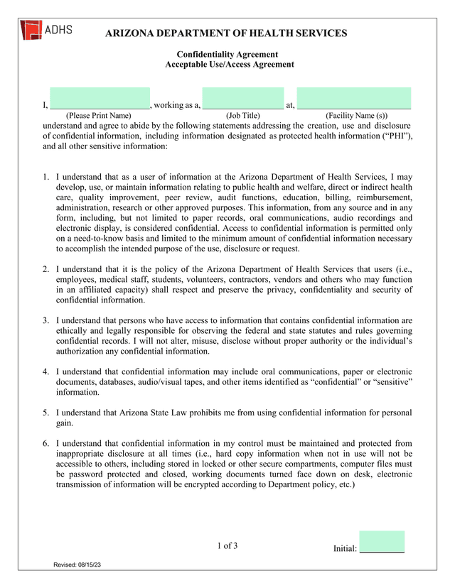 Arizona Department Of Health Services Confidentiality Agreement screenshot