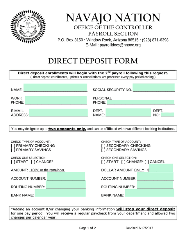 Direct Deposit Form screenshot