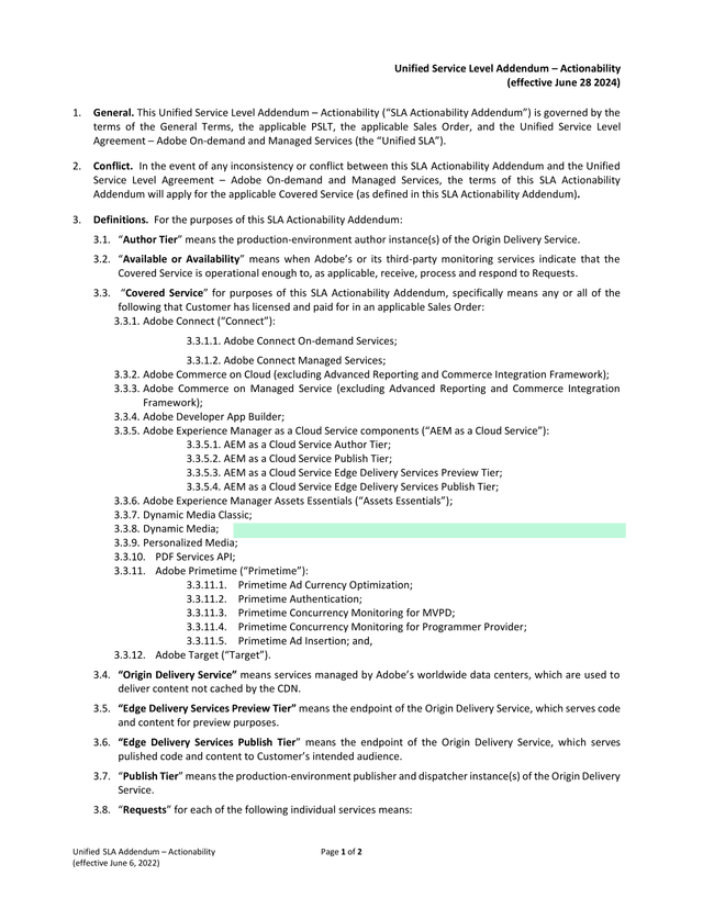 Unified SLA Addendum  Actionability screenshot