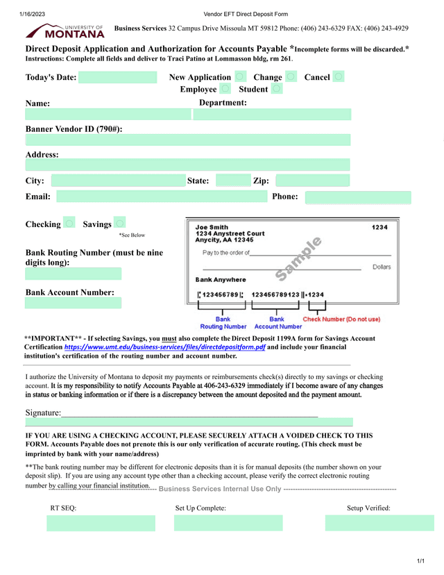 Vendor EFT Direct Deposit Form screenshot