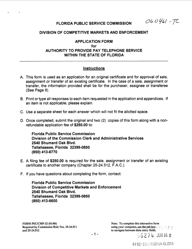 Application Form For Authority To Provide Pay Telephone Service Within The State Of Florida screenshot