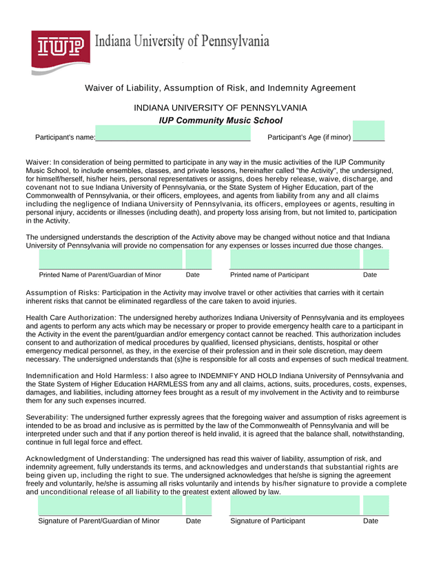 Waiver Of Liability, Assumption Of Risk, And Indemnity Agreement screenshot
