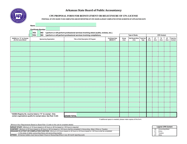 CPE Proposal Form For Reinstatement Or Relicensure Of CPA License screenshot