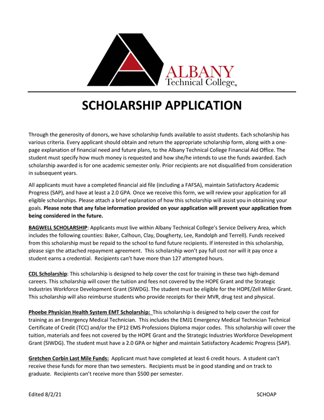 SCHOAP SCHOLARSHIP APPLICATION screenshot