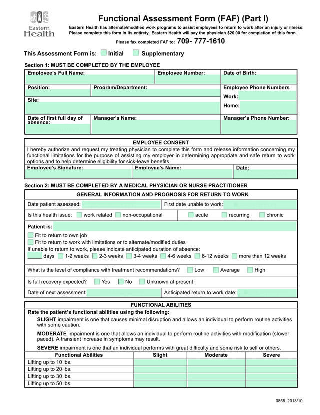 Functional Assessment Form (FAF) (Part I) screenshot