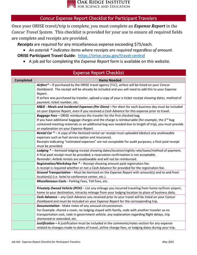 Job Aid   Expense Report Checklist For Participant Travelers screenshot