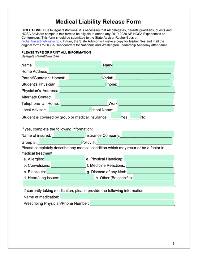 Medical Liability Release Form screenshot