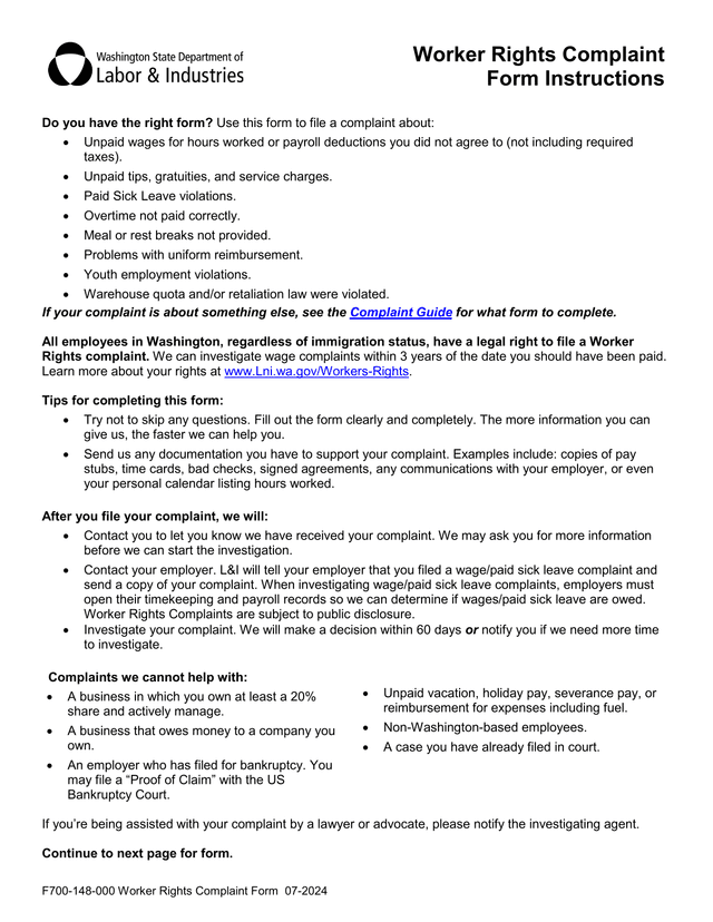 F700 148 000 Worker Rights Complaint Form screenshot
