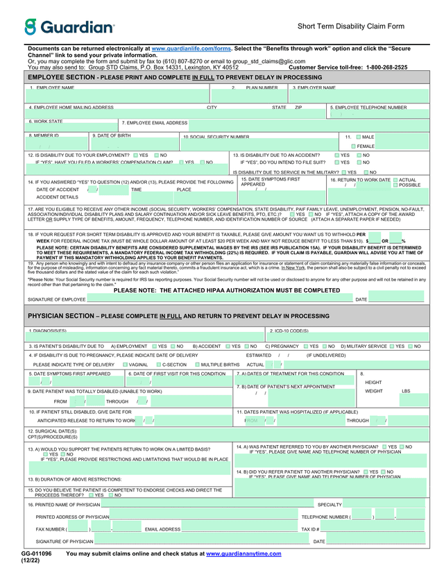 Guardian Life Short Term Disability (STD) Claim Form screenshot
