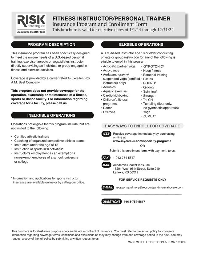 FITNESS INSTRUCTORPERSONAL TRAINER Insurance Program And Enrollment Form screenshot