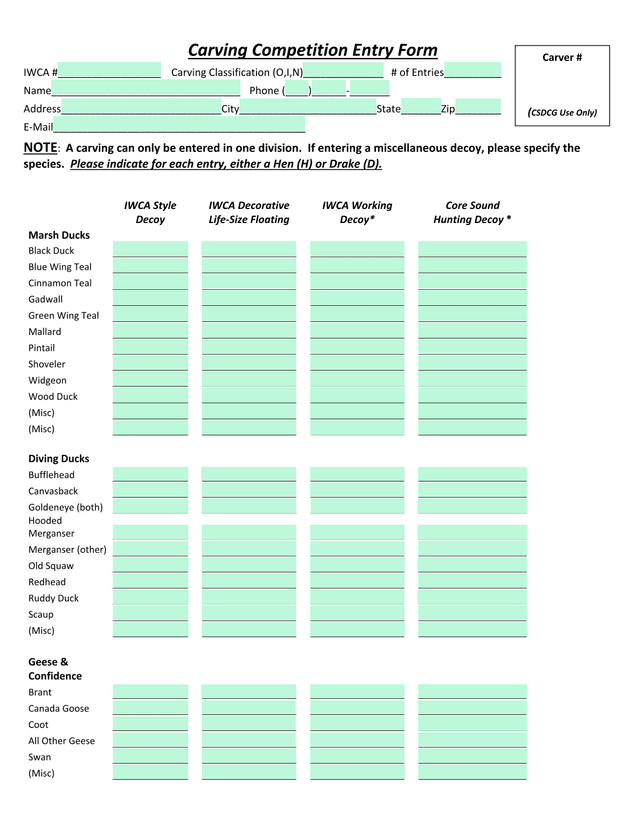 Carving Competition Entry Form screenshot
