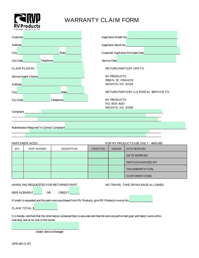WARRANTY CLAIM FORM screenshot