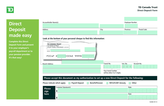 TD Canada Trust Direct Deposit Form screenshot