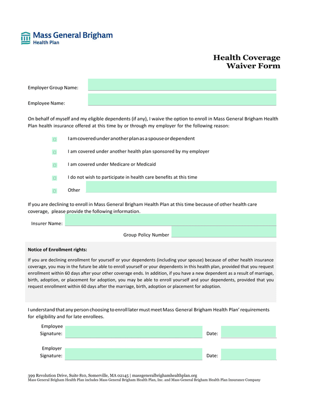 Health Coverage Waiver Form screenshot