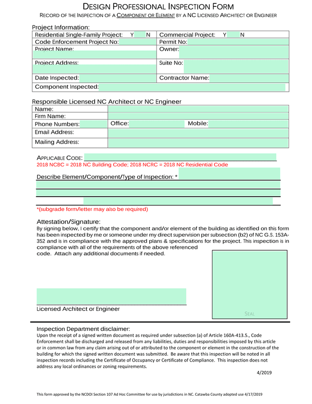 DESIGN PROFESSIONAL INSPECTION FORM screenshot