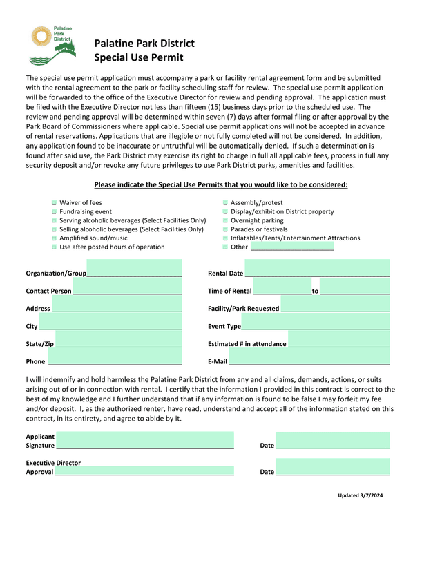 Palatine Park District Special Use Permit screenshot