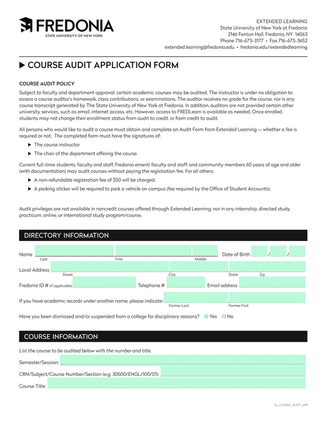 Course Audit Application Form screenshot