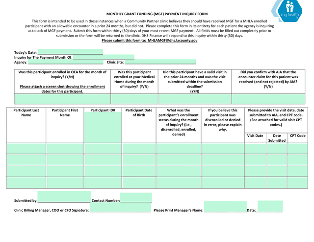 Monthly Grant Funding (MGF) Payment Inquiry Form screenshot