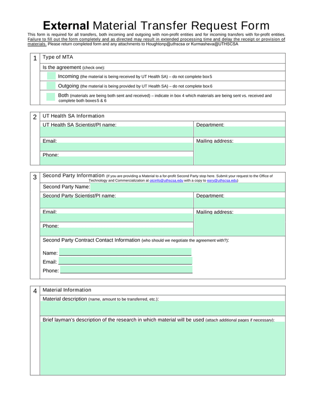 External Material Transfer Request Form screenshot