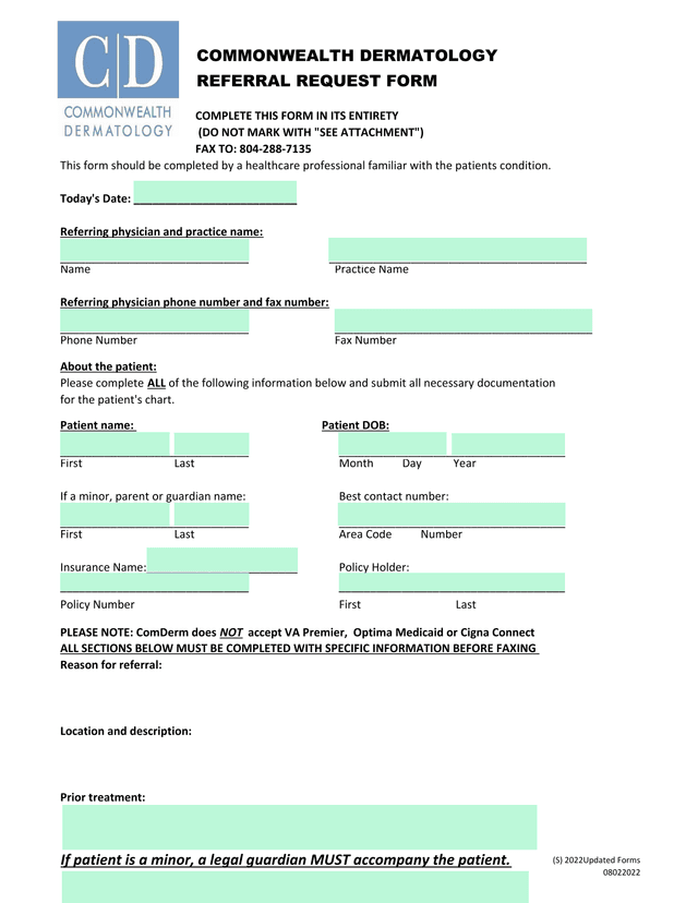 COMMONWEALTH DERMATOLOGY REFERRAL REQUEST FORM screenshot