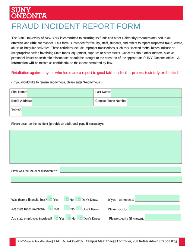 Fraud Incident Report Form screenshot