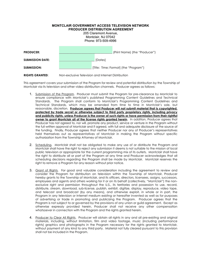 Montclair Government Access Television Network Producer Distribution Agreement screenshot