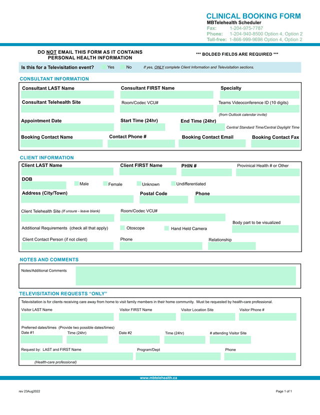 CLINICAL BOOKING FORM screenshot