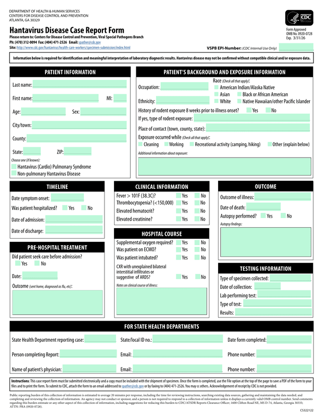 Hantavirus Disease Case Report Form screenshot