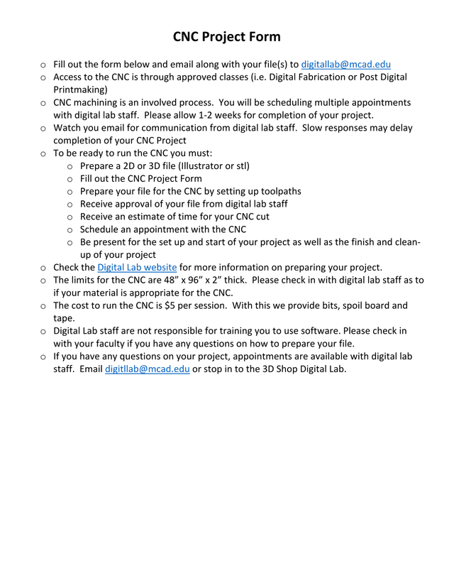 CNC Project Form screenshot