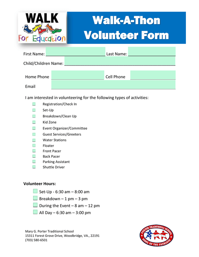 Walk A Thon Volunteer Form screenshot