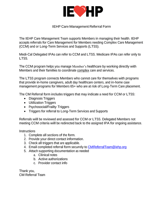IEHP Care Management Referral Form screenshot
