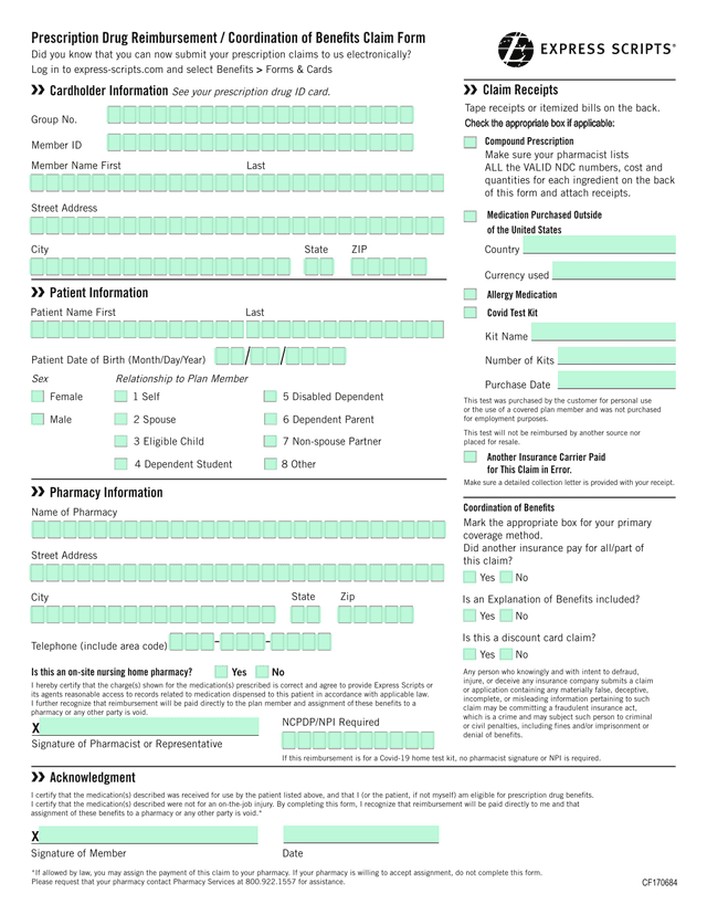 Prescription Drug Reimbursement  Coordination Of Benefits Claim Form screenshot