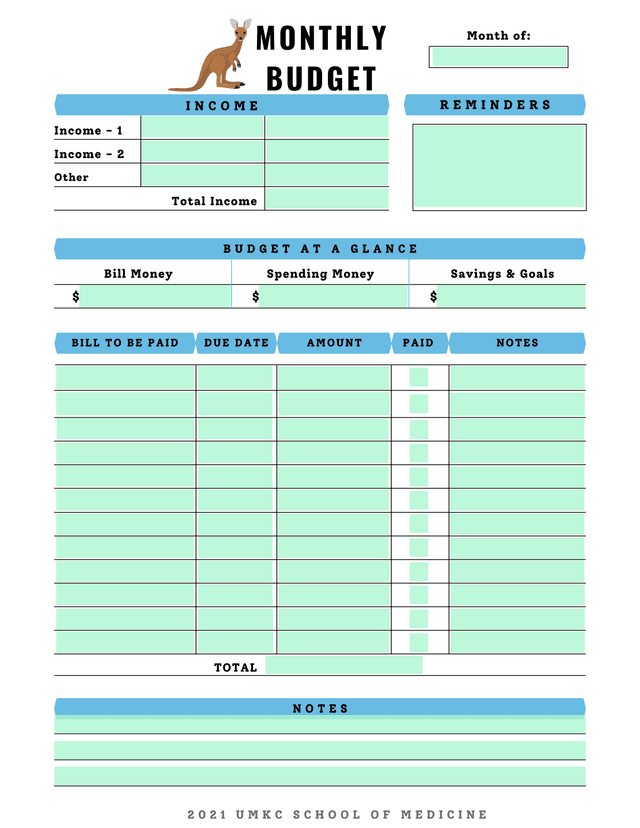 UMKC School Of Medicine Monthly Budget Notes screenshot