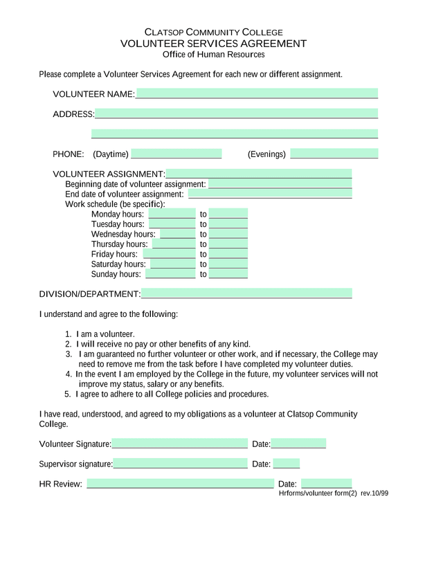 Volunteer Services Agreement screenshot