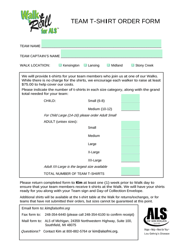 TEAM T SHIRT ORDER FORM screenshot
