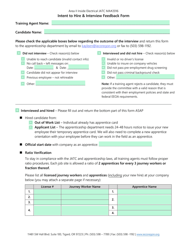 Intent To Hire  Interview Feedback Form screenshot