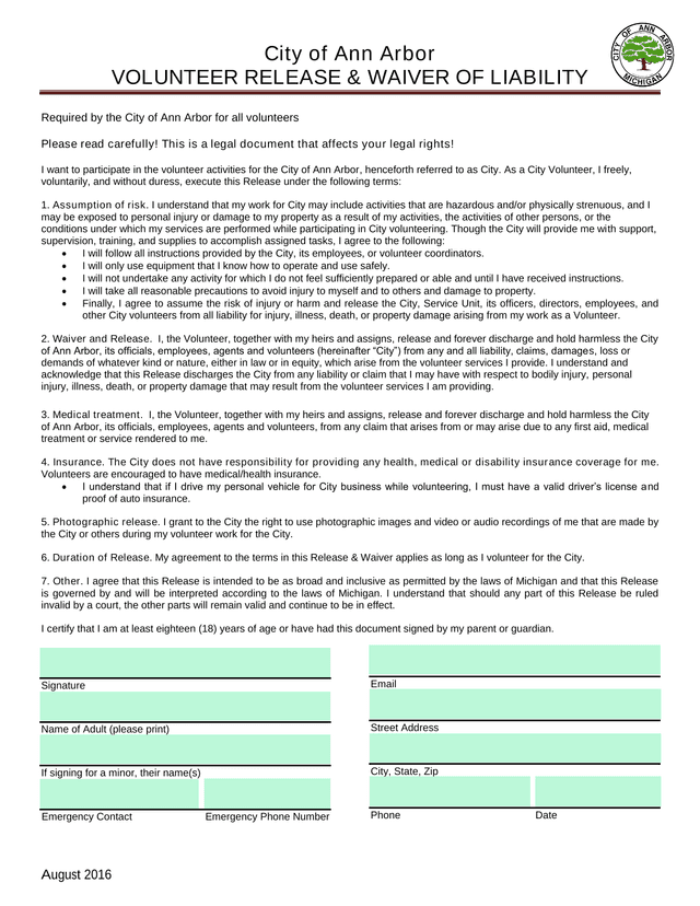 City Of Ann Arbor Volunteer Release  Waiver Of Liability screenshot