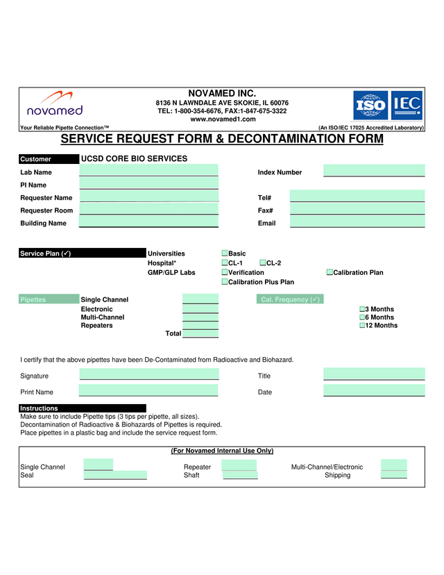 SERVICE REQUEST FORM  DECONTAMINATION FORM screenshot