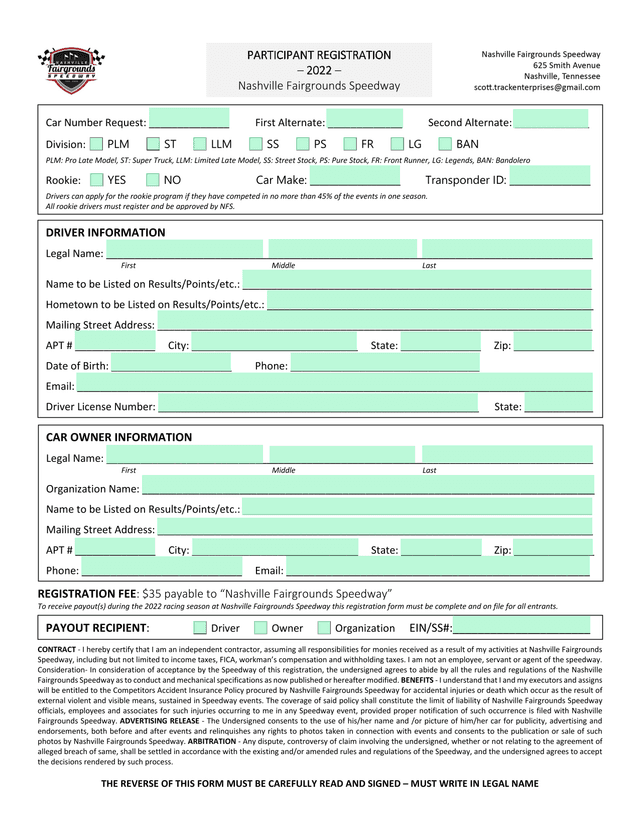 Nashville Fairgrounds Speedway Registration Form screenshot